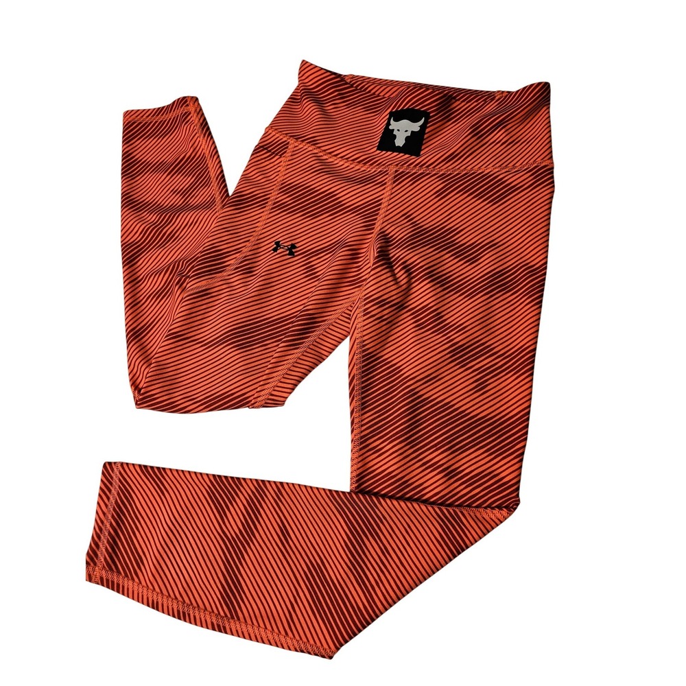 Under Armour Project Rock HeatGear Compression Leggings Orange Stripe Womens SM